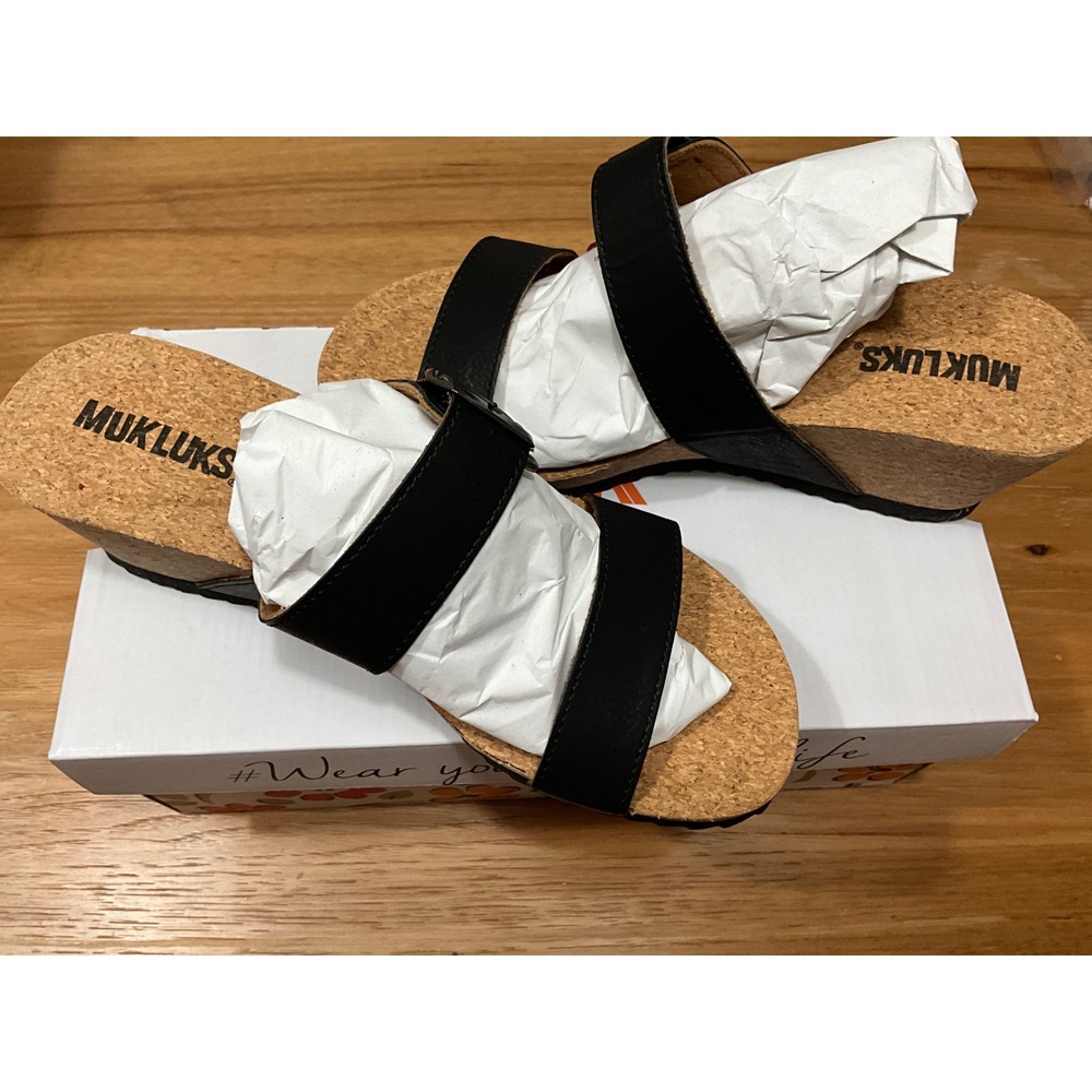 Muk Luks Womens Black‎ Faux Leather Cork Wedge Sandals Size 9 Dual Strap Slide